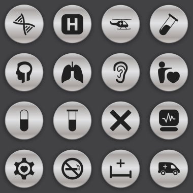 16 düzenlenebilir hastane simgeler kümesi. Analiz konteyner, nabız ve tüp gibi simgeler içerir. Web, mobil, UI ve Infographic tasarımı için kullanılabilir.