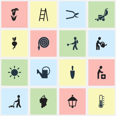 16 düzenlenebilir Bahçe simgeler kümesi. Çiftçi, su çiçeği, bitki kesici ve daha fazlası gibi simgeler içerir. Web, mobil, UI ve Infographic tasarımı için kullanılabilir.