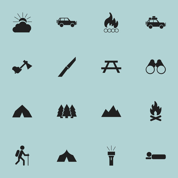Set Of 16 Editable Camping Icons. Includes Symbols Such As Voyage Car, Ax, Tepee And More. Can Be Used For Web, Mobile, UI And Infographic Design.