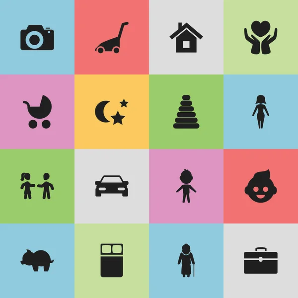 Conjunto de 16 iconos de gente editable. Incluye símbolos tales como bebé, colchón, caja de dinero y más. Puede ser utilizado para el diseño de la tela, móvil, interfaz de usuario e infografía . — Archivo Imágenes Vectoriales