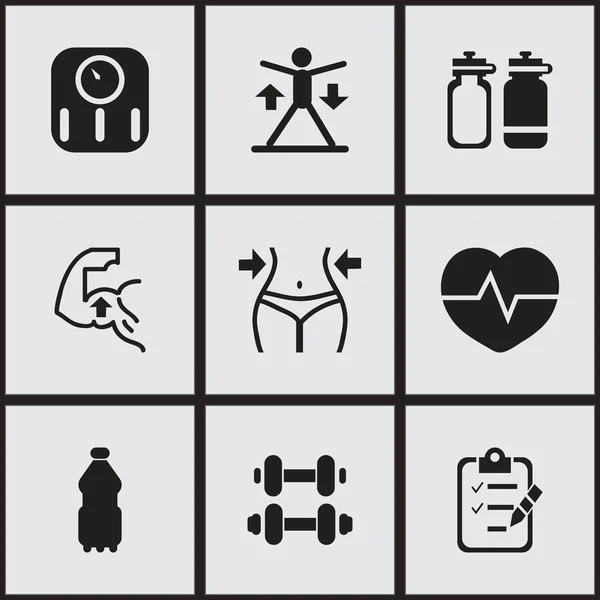 Satz von 9 editierbaren Übungssymbolen. beinhaltet Symbole wie Hantel, Schlankheitsmittel, Sportwasser. kann für Web-, Mobil-, UI- und Infografik-Design verwendet werden. — Stockvektor