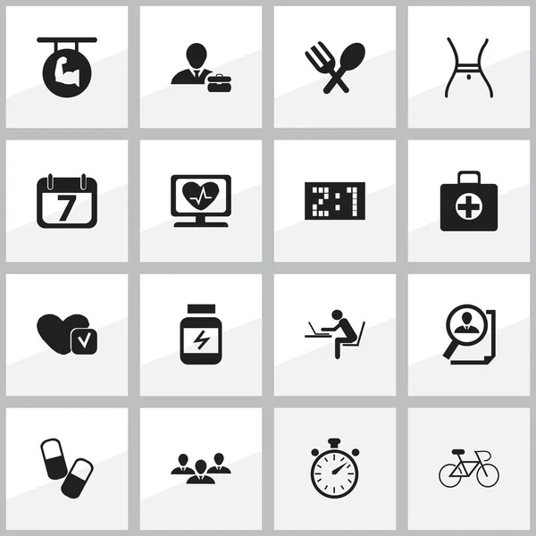 Sada 16 upravitelné komplikovaných ikon. Obsahuje symboly lékárnička, srdeční rytmus, programátor a další. Lze použít pro webové, mobilní, Ui a infografika Design. — Stockový vektor