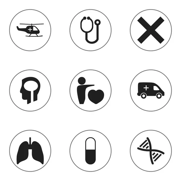 Набор из 9 таблиц "Иконы здоровья". Включает в себя такие символы, как интеллект, медицинская авиация, чрезвычайная ситуация и многое другое. Can be used for Web, Mobile, UI and Infographic Design . — стоковый вектор