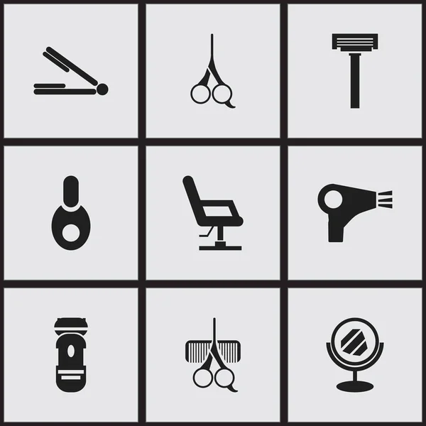 Set di 9 icone Barbershop modificabili. Include simboli come Desiccator, sedia a gomito, rasatura e altro ancora. Può essere utilizzato per la progettazione web, mobile, UI e infografica . — Vettoriale Stock