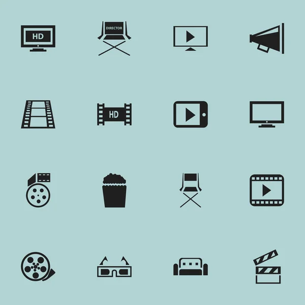 Set de 16 iconos de películas editables. Incluye símbolos tales como silla, altavoz, cinta de alta definición y más. Puede ser utilizado para el diseño de la tela, móvil, interfaz de usuario e infografía . — Archivo Imágenes Vectoriales
