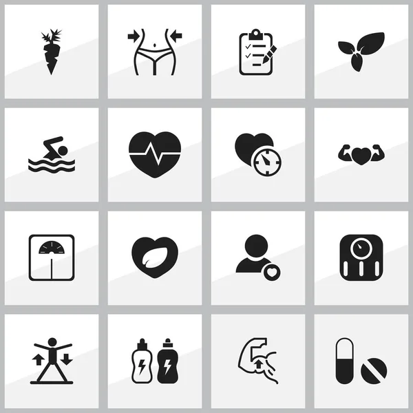 Zestaw 16 ikon edycji ćwiczenia. Zawiera symbole, takie jak wagi, bicie serca, silna miłość i więcej. Mogą być używane dla sieci Web, mobilnych, interfejsu użytkownika i Infographic Design. — Wektor stockowy