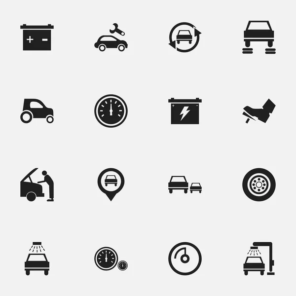 Set van 16 bewerkbare voertuig iconen. Bevat symbolen zoals aanwijzer, batterij, pedaal en meer. Kan worden gebruikt voor Web, Mobile, Ui en Infographic Design. — Stockvector