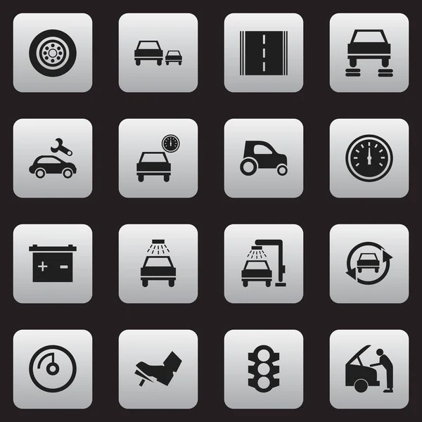 Conjunto de 16 iconos de transporte editables. Incluye símbolos tales como roscado, fijación del coche, aleta del coche y más. Puede ser utilizado para el diseño de la tela, móvil, interfaz de usuario e infografía . — Vector de stock