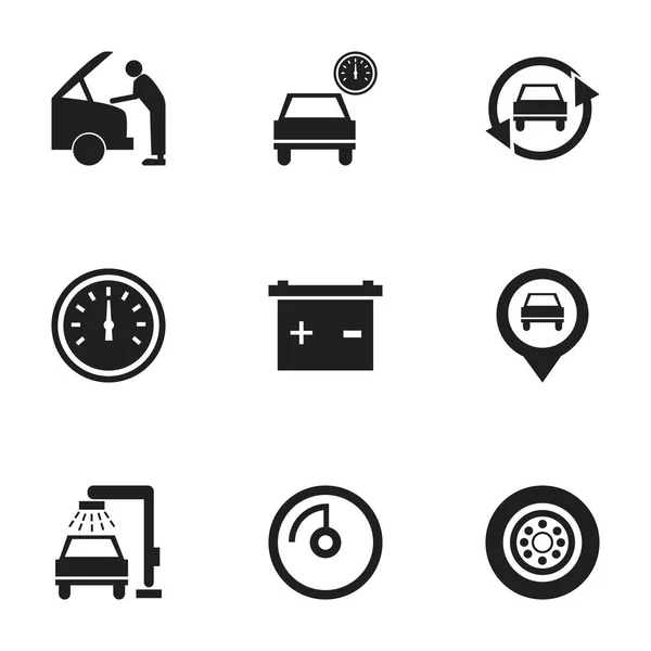 Set von 9 editierbaren Fahrzeug-Symbolen. beinhaltet Symbole wie Fahrzeugwaschanlage, Geschwindigkeitsanzeige, Zeiger und mehr. kann für Web-, Mobil-, UI- und Infografik-Design verwendet werden. — Stockvektor