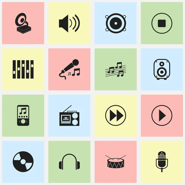Set van 16 bewerkbare Multimedia iconen. Bevat symbolen zoals muzikale teken, terugspoelen, geluid en meer. Kan worden gebruikt voor Web, Mobile, Ui en Infographic Design. — Stockvector