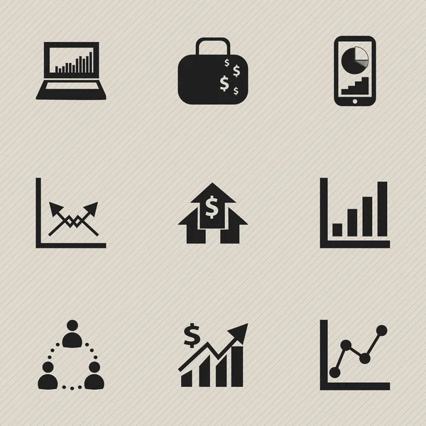 Set van 9 bewerkbare statistiek iconen. Bevat symbolen zoals bankieren House, Cash aktetas, transmissie en nog veel meer. Kan worden gebruikt voor Web, Mobile, Ui en Infographic Design. — Stockvector