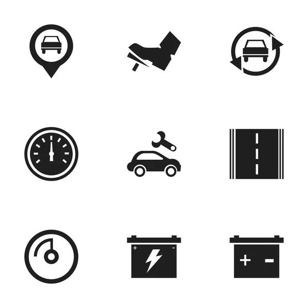 Set von 9 editierbaren Fahrzeug-Symbolen. beinhaltet Symbole wie Geschwindigkeitsanzeige, Geschwindigkeitskontrolle, Autobahn und mehr. kann für Web-, Mobil-, UI- und Infografik-Design verwendet werden. — Stockvektor