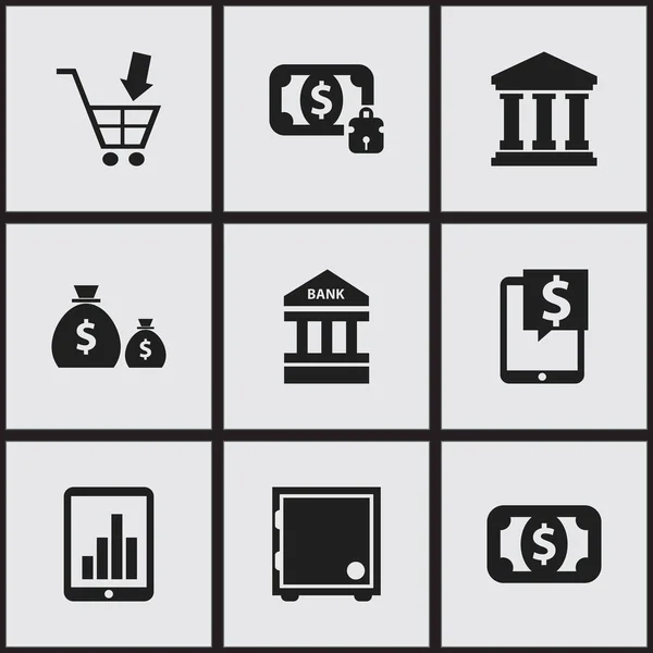 9 編集可能な金融のアイコンのセットです。お金ガード、バー グラフ、銀行の場所などの記号が含まれています。ウェブ、モバイル、Ui とインフォ グラフィック デザインに使用することができます。. — ストックベクタ