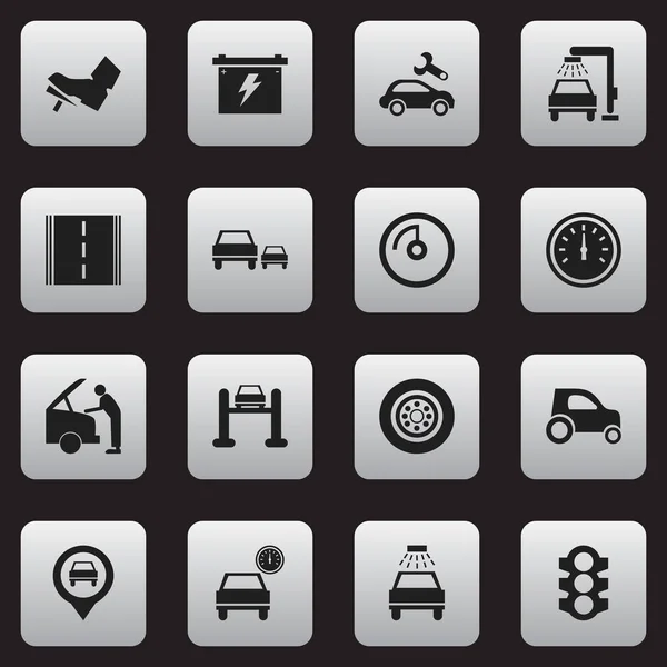 Set Of 16 Editable Vehicle Icons. Includes Symbols Such As Auto Service, Automobile, Pointer And More. Can Be Used For Web, Mobile, UI And Infographic Design. — Stock Vector