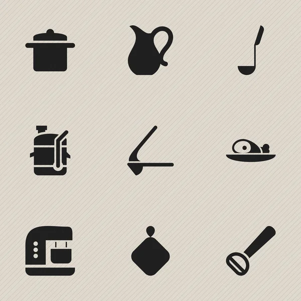 Set de 9 iconos de cocina editables. Incluye símbolos como Pot-Holder, Trituradora, Husker y más. Puede ser utilizado para el diseño de la tela, móvil, interfaz de usuario e infografía . — Vector de stock