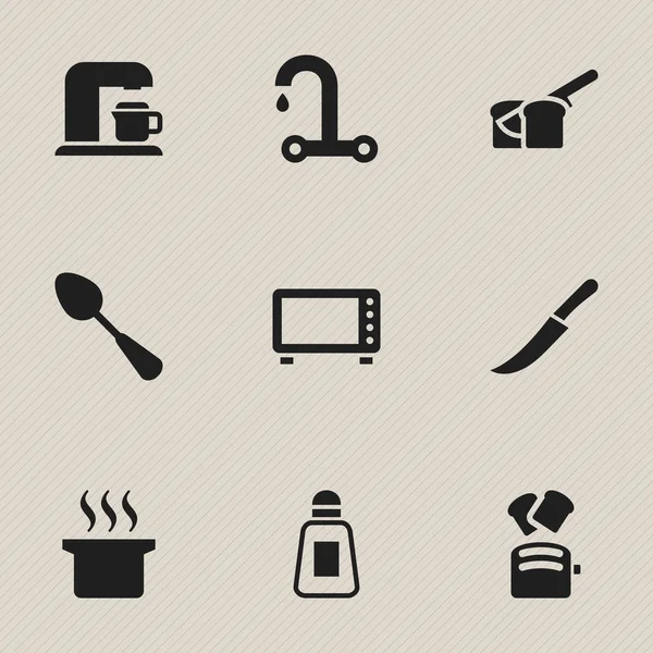 9 可编辑餐图标集。包括大汤匙、 水龙头、 汤锅等符号。可用于 Web、 移动、 Ui 和数据图表设计. — 图库矢量图片