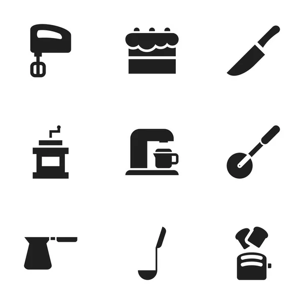 Набір з 9 для редагування приготування іконок. Включає в себе символи, такі як скибочку хліба, мокко Grinder, ніж і багато іншого. Може використовуватися для веб, мобільні, призначеного для користувача інтерфейсу і інфографіки дизайн. — стоковий вектор