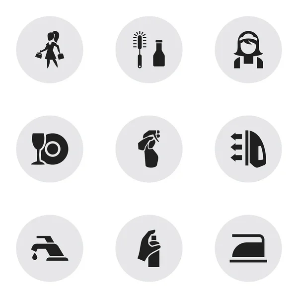 Ensemble de 9 icônes d'hygiène modifiables. Comprend des symboles tels que les travaux ménagers, pulvérisation à la maison, vapeur et plus. Peut être utilisé pour le Web, mobile, interface utilisateur et infographie . — Image vectorielle