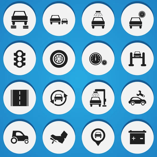 Set di 16 icone modificabili del veicolo. Include simboli come tachimetro, semaforo, riparazione automatica e altro ancora. Può essere utilizzato per la progettazione web, mobile, UI e infografica . — Vettoriale Stock