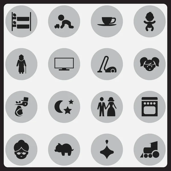 Conjunto de 16 iconos de parientes editables. Incluye símbolos como monitor, spinner, medianoche y más. Puede ser utilizado para el diseño de la tela, móvil, interfaz de usuario e infografía . — Archivo Imágenes Vectoriales