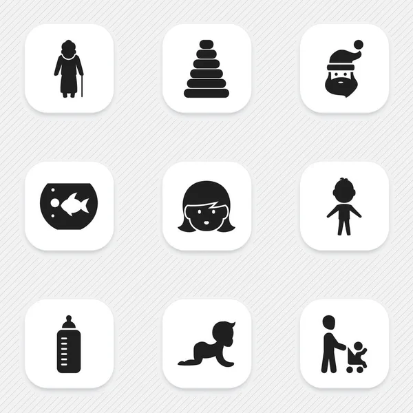 Набір з 9 піктограм для редагування родичів. Включає в себе такі символи, як хлопчик, дитина, бабуся. Може використовуватися для веб, мобільного, інтерфейсу та інфографіки . — стоковий вектор