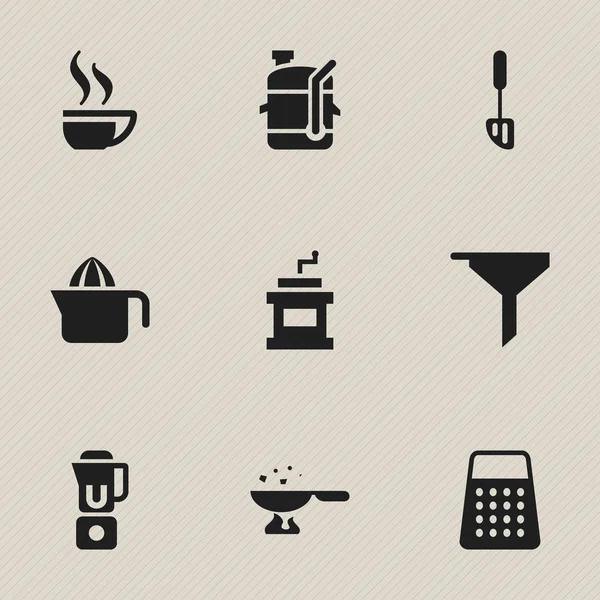 Set von 9 editierbaren Menüsymbolen. beinhaltet Symbole wie Handmixer, Filter, Kaffeetasse. kann für Web-, Mobil-, UI- und Infografik-Design verwendet werden. — Stockvektor