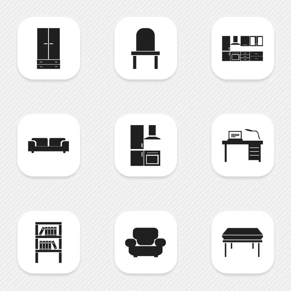 9 düzenlenebilir mobilya simgeler kümesi. Kanepe, Kürsü, Bookrack ve daha fazlası gibi simgeler içerir. Web, mobil, UI ve Infographic tasarımı için kullanılabilir.