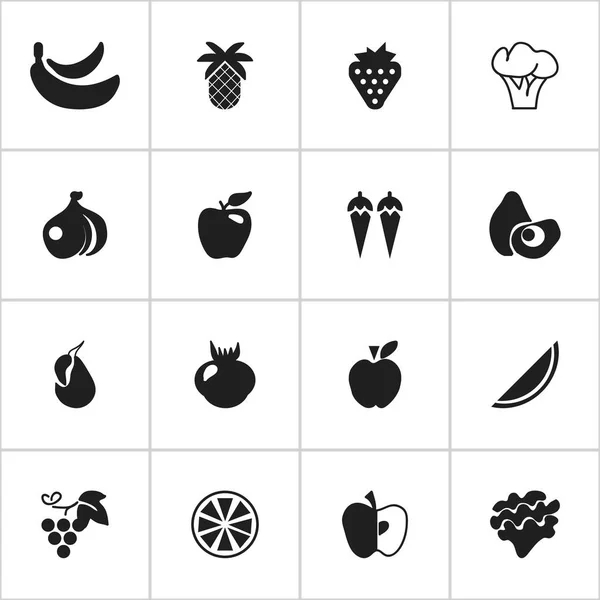 Set med 16 redigerbara frukt ikoner. Innehåller symboler som Allium, Berry, sallad och mer. Kan användas för webb-, mobil-, Ui- och Infographic Design. — Stock vektor