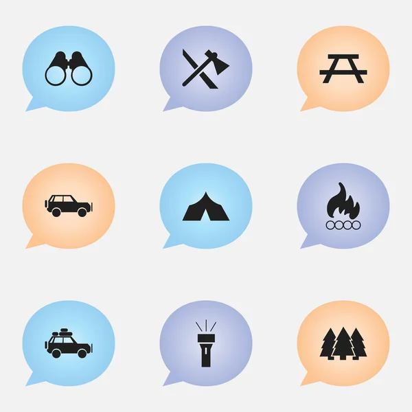 Set de 9 iconos de camping editables. Incluye símbolos como gafas de campo, pino, linterna y más. Puede ser utilizado para el diseño de la tela, móvil, interfaz de usuario e infografía . — Vector de stock