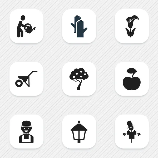 Набір з 9 корисних значків садівництва. Включає в себе такі символи, як фермер, вуличне світло, картка. Може використовуватися для веб, мобільного, інтерфейсу та інфографіки . — стоковий вектор