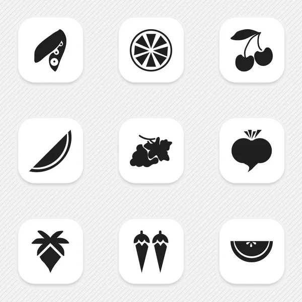 Σύνολο 9 επεξεργάσιμο φρούτα εικονίδια. Περιλαμβάνει σύμβολα όπως αμπέλι, Palm, τσίλι και περισσότερο. Μπορεί να χρησιμοποιηθεί για Web, Mobile, Ui και σχεδίασης γραφήματος. — Διανυσματικό Αρχείο