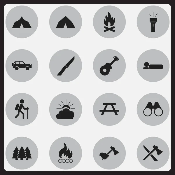 Conjunto de 16 iconos de viaje editables. Incluye símbolos como linterna, escritorio, pino y más. Puede ser utilizado para el diseño de la tela, móvil, interfaz de usuario e infografía . — Archivo Imágenes Vectoriales