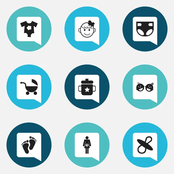 Set de 9 iconos infantiles editables. Incluye símbolos como calmantes, gotas, gemelos bebés y más. Puede ser utilizado para el diseño de la tela, móvil, interfaz de usuario e infografía . — Archivo Imágenes Vectoriales