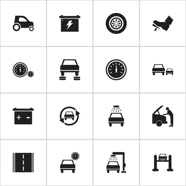 Satz von 16 editierbaren Auto-Symbolen. beinhaltet Symbole wie Lauffläche, Automobil, Tuning Auto und vieles mehr. kann für Web-, Mobil-, UI- und Infografik-Design verwendet werden. — Stockvektor