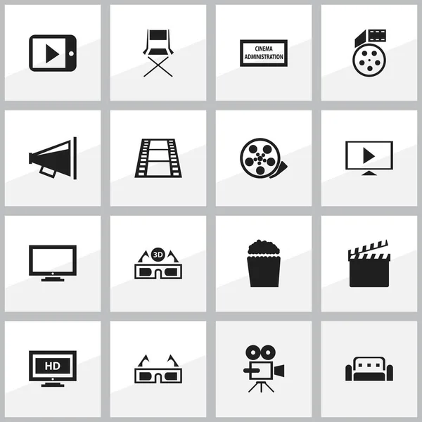 Набор из 16-ти значков для монтажа кинофильмов. Включает такие символы, как лента, полоса камеры, начать видео и многое другое. Can be used for Web, Mobile, UI and Infographic Design . — стоковый вектор