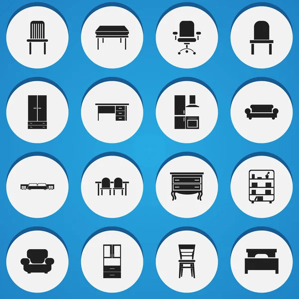 16 düzenlenebilir mobilya simgeler kümesi. Restoran tablo, Stillage, yatak ve daha fazlası gibi simgeler içerir. Web, mobil, UI ve Infographic tasarımı için kullanılabilir.