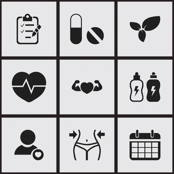 Set Of 9 Editable Exercise Icons. Includes Symbols Such As Plant, Heartbeat, Energetic Beverage And More. Can Be Used For Web, Mobile, UI And Infographic Design. — Stock Vector