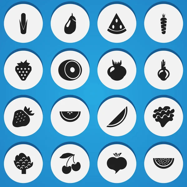 Набор из 16 настольных фруктовых иконок. Включает в себя такие символы, как редис, мускусная дыня, лук и многое другое. Can be used for Web, Mobile, UI and Infographic Design . — стоковый вектор
