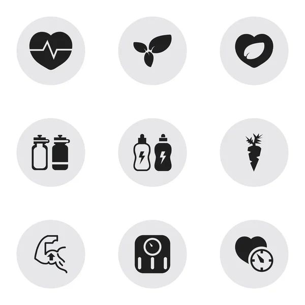 Set de 9 iconos deportivos editables. Incluye símbolos como latidos del corazón, bebidas energéticas, músculo y más. Puede ser utilizado para el diseño de la tela, móvil, interfaz de usuario e infografía . — Vector de stock