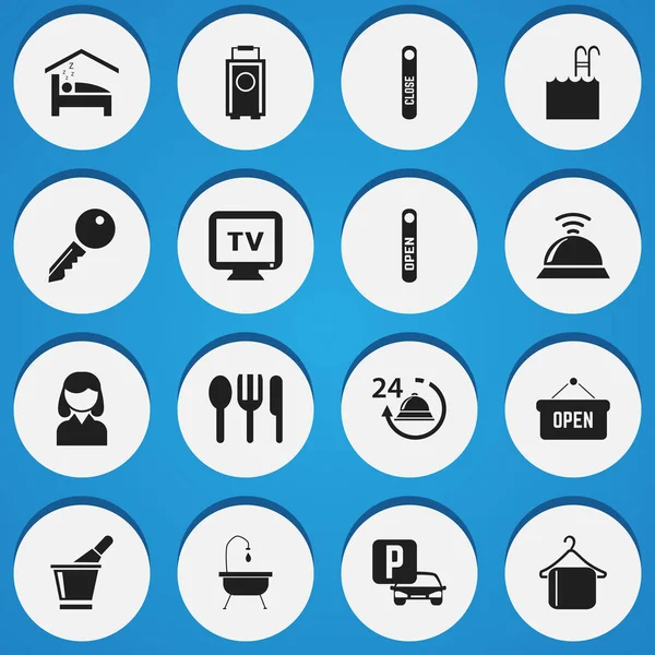 Conjunto de 16 iconos de viaje editables. Incluye símbolos como campana de servicio, ducha, acceso de desbloqueo y más. Puede ser utilizado para el diseño de la tela, móvil, interfaz de usuario e infografía . — Vector de stock