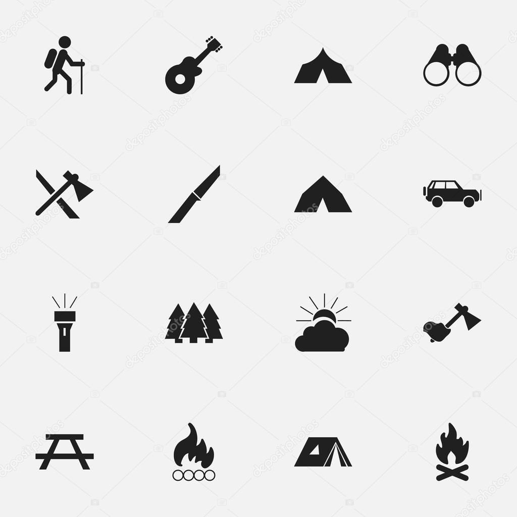 Set Of 16 Editable Travel Icons. Includes Symbols Such As Tomahawk, Sunrise, Desk And More. Can Be Used For Web, Mobile, UI And Infographic Design.