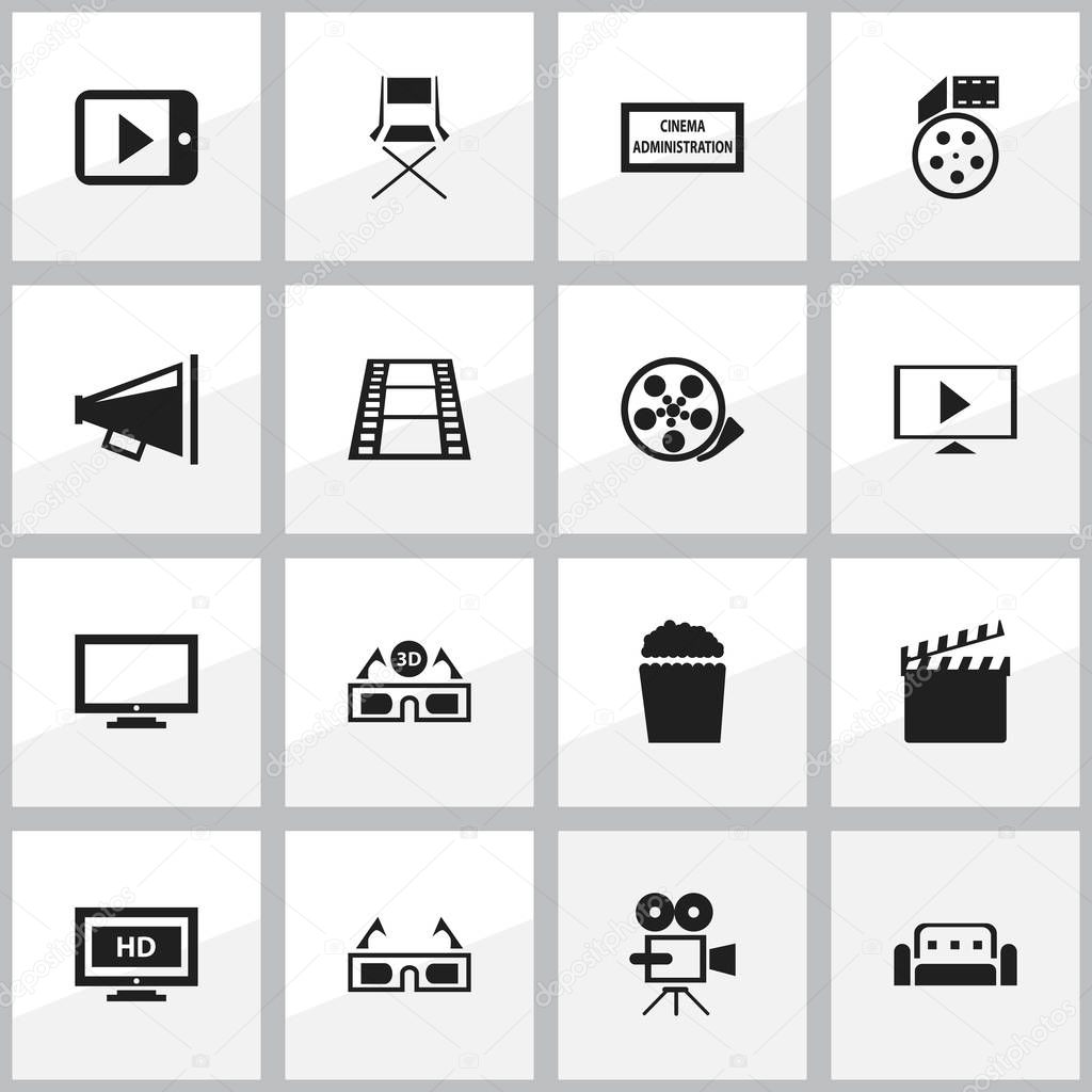 Set Of 16 Editable Cinema Icons. Includes Symbols Such As Tape, Camera Strip, Start Video And More. Can Be Used For Web, Mobile, UI And Infographic Design.