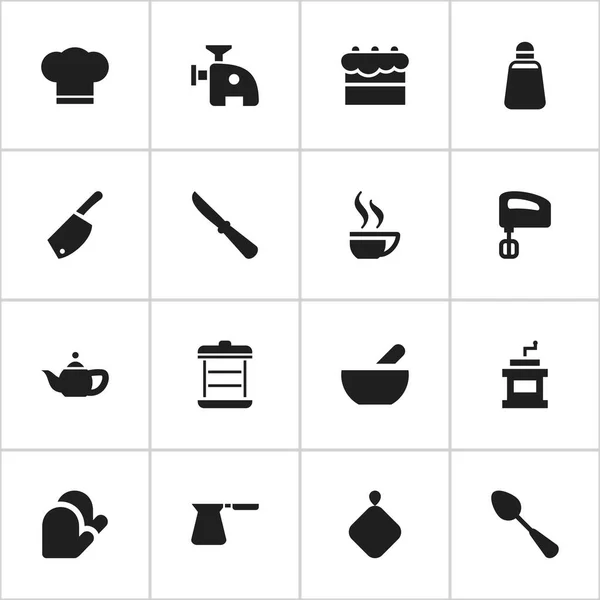Set de 16 iconos de cocina editables. Incluye símbolos como la tapa del cocinero, el guante de cocina, el agitador y más. Puede ser utilizado para el diseño de la tela, móvil, interfaz de usuario e infografía . — Archivo Imágenes Vectoriales
