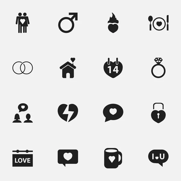 Набір з 16 значків кохання. Включає в себе такі символи, як пара, будинок, заблоковане серце і багато іншого. Може використовуватися для веб, мобільного, інтерфейсу та інфографіки . — стоковий вектор