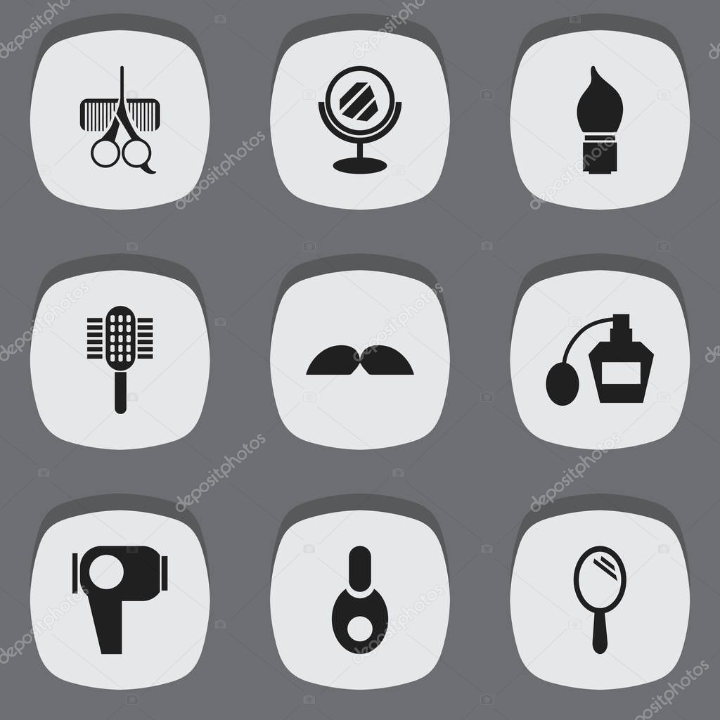 Set Of 9 Editable Hairdresser Icons. Includes Symbols Such As Vial, Scent, Scrub And More. Can Be Used For Web, Mobile, UI And Infographic Design.