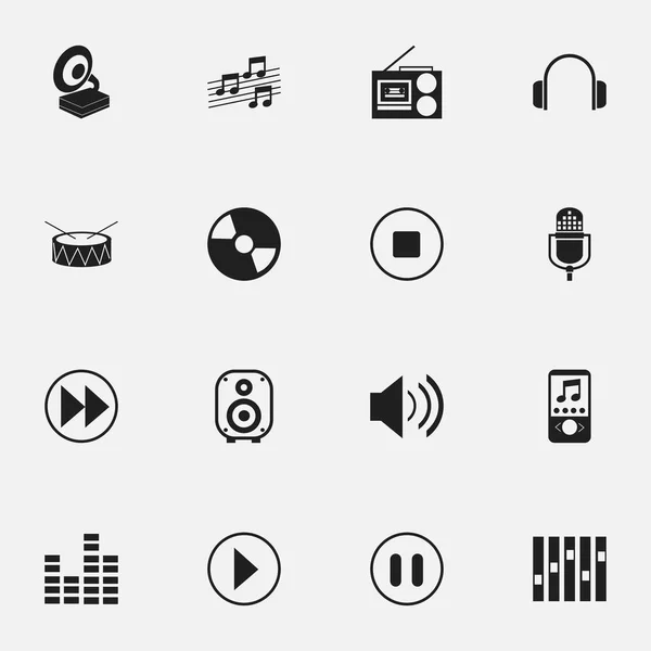 Set de 16 iconos de melodía editables. Incluye símbolos como rebobinar, reproductor de cassette, disco y más. Puede ser utilizado para el diseño de la tela, móvil, interfaz de usuario e infografía . — Archivo Imágenes Vectoriales