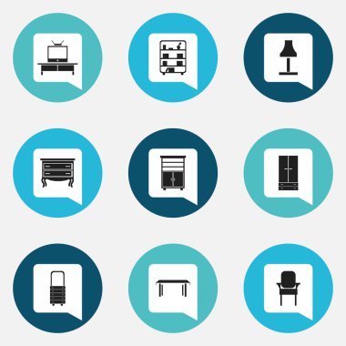 9 düzenlenebilir mobilyalar simgeler kümesi. Duvar ayna, dolap, dolap ve daha fazlası gibi simgeler içerir. Web, mobil, UI ve Infographic tasarımı için kullanılabilir.
