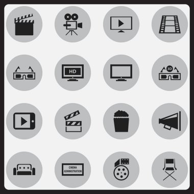 16 düzenlenebilir film simgeler kümesi. Monitör, eylem, sandalye ve daha fazlası gibi simgeler içerir. Web, mobil, UI ve Infographic tasarımı için kullanılabilir.