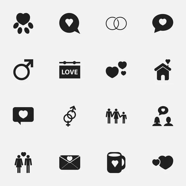 Satz von 16 editierbaren Amour-Symbolen. beinhaltet Symbole wie Liebesbotschaft, Mütze, Ehe und mehr. kann für Web-, Mobil-, UI- und Infografik-Design verwendet werden. — Stockvektor