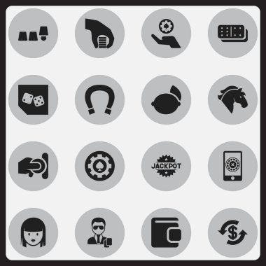 16 düzenlenebilir heyecan simgeler kümesi. Madeni para, zar ve Poker para atma gibi simgeleri içerir. Web, mobil, UI ve Infographic tasarımı için kullanılabilir.